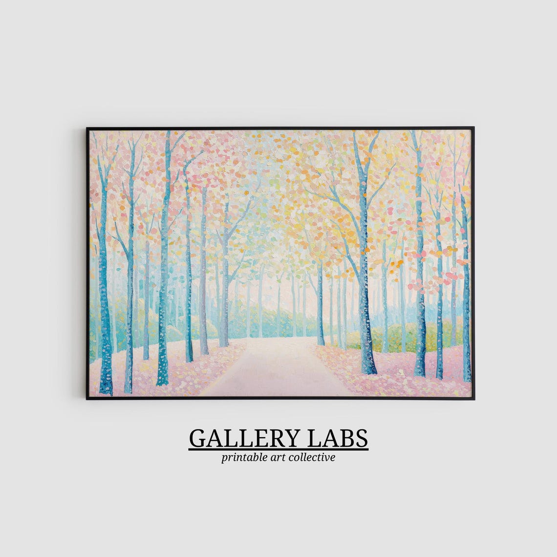 Pastel Pink Forest Avenue Autumn Trees Light Path Wall Art Poster - Image 2