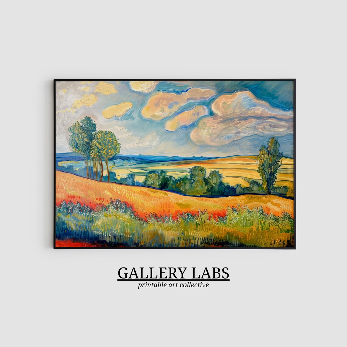 Post Impressionist Golden Field Landscape Dramatic Cloud Sky Wall Art Print - Image 2