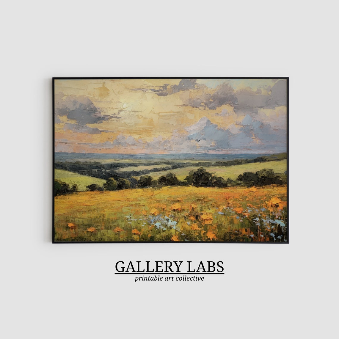 Golden Sunset Meadow Orange Wildflowers Dramatic Sky Art Print - Image 2