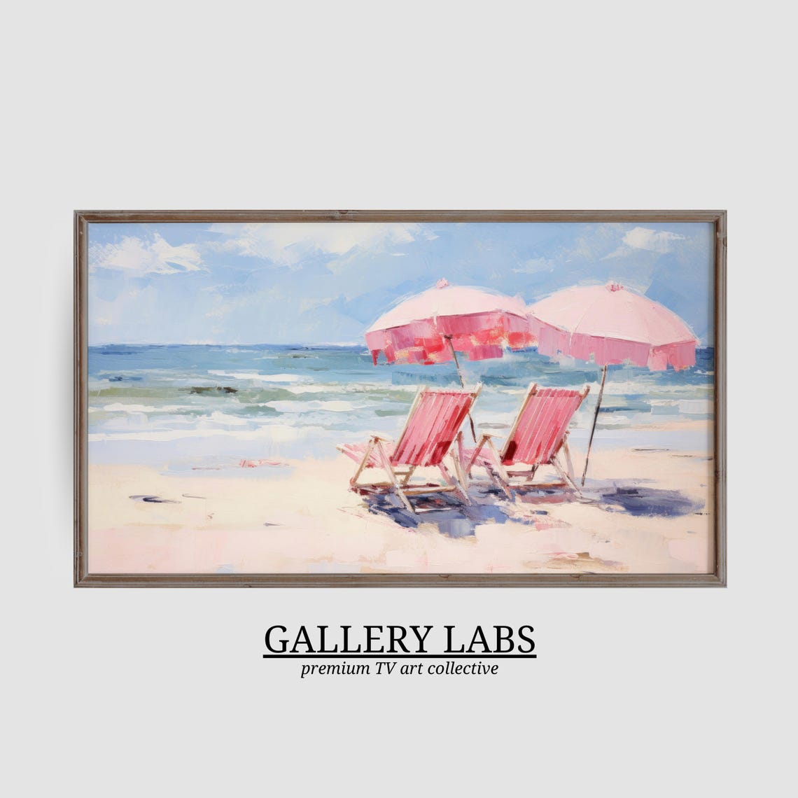 Pink Beach Chairs Umbrellas Gentle Surf Sunny Summer Day Poster - Image 3