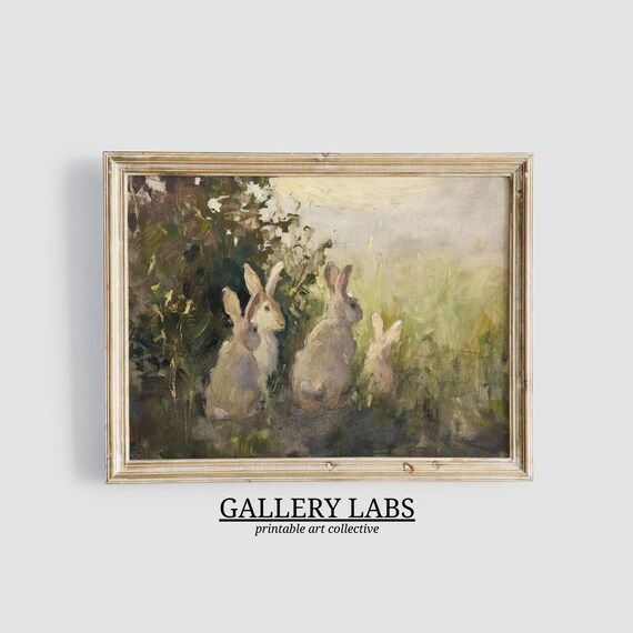 Vintage Rabbit Oil Painting Muted Neutral Country Meadow Art Poster