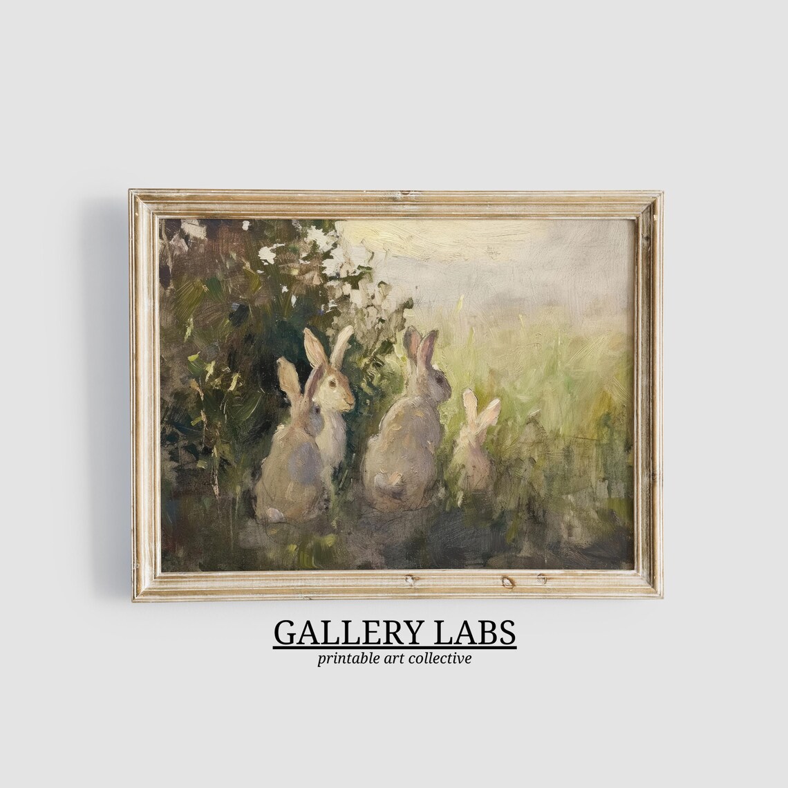 Vintage Rabbit Oil Painting Muted Neutral Country Meadow Art Poster