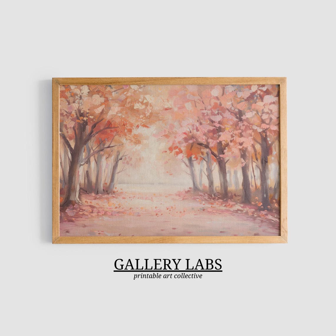 Pink Autumn Forest Path Soft Blush Fall Trees Painting Wall Poster - Image 3