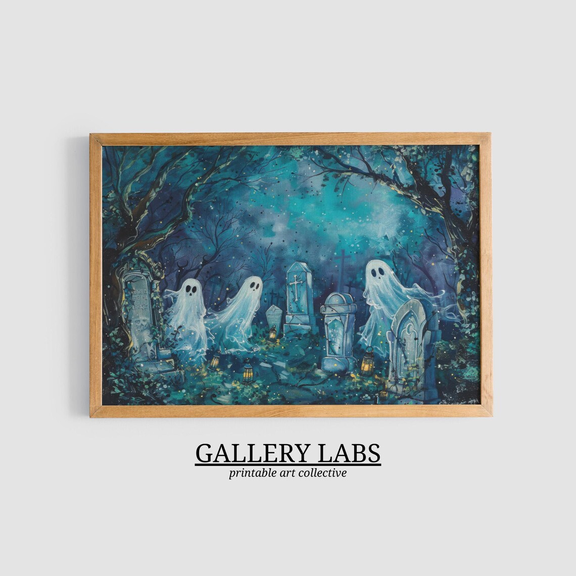 Spooky Ghosts in Haunted Graveyard Night Dark Forest Halloween Wall Art Print - Image 3