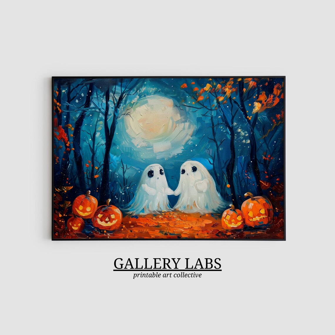 Cute Ghosts Holding Hands with Pumpkins Full Moon Halloween Wall Art Print - Image 2