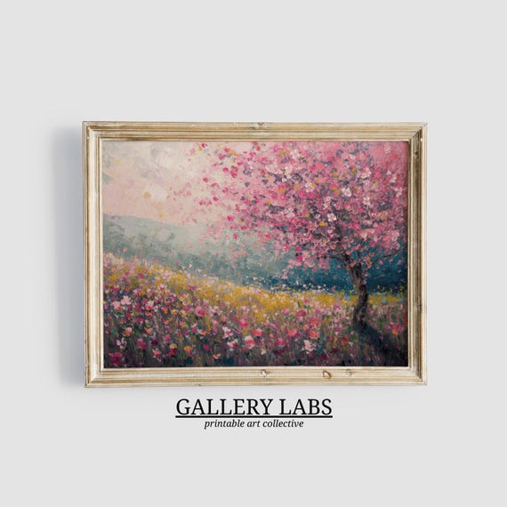 Pink Wildflower Painting, Farmhouse Spring Landscape Art Print