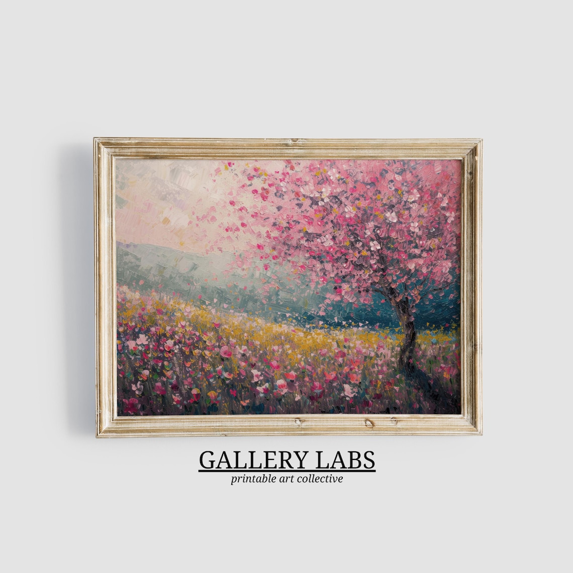 Pink Wildflower Painting, Farmhouse Spring Landscape Art Print