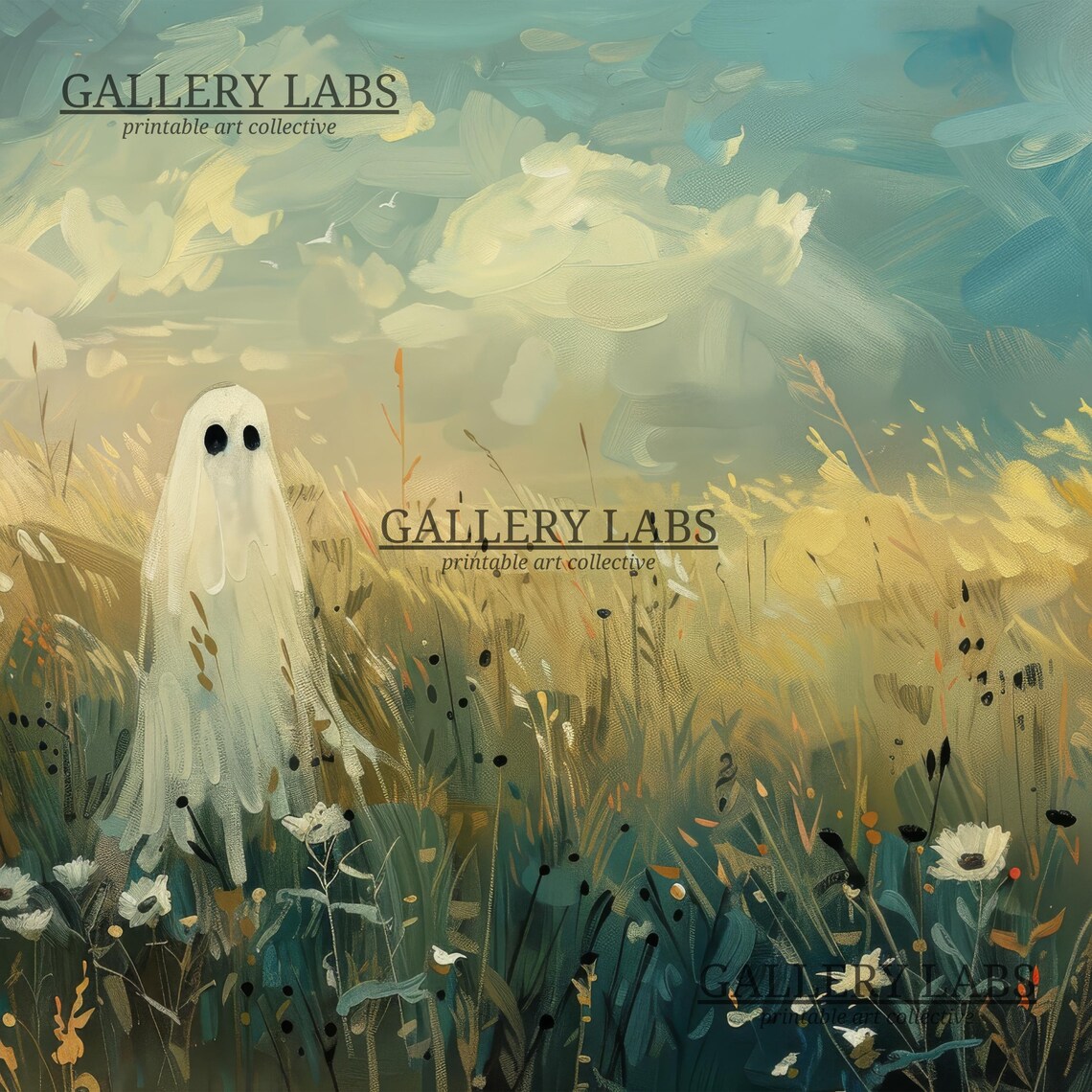 Ghost Flower Meadow Vintage Moody Halloween Spooky Wall Art Print - Image 4