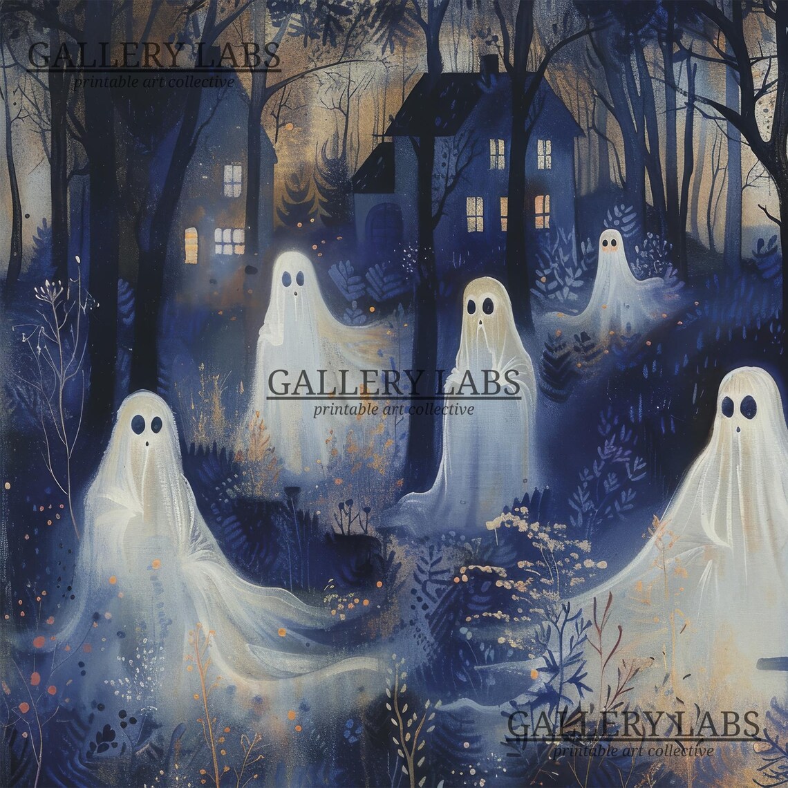 Ghosts Gathering in Dark Night Forest Haunted House Halloween Wall Art Print - Image 4