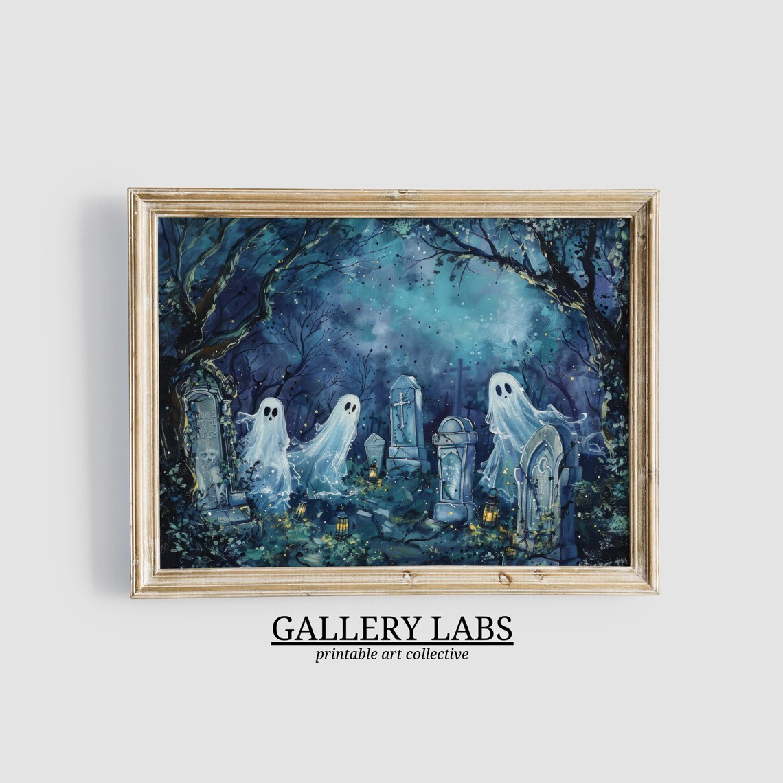 Spooky Ghosts in Haunted Graveyard Night Dark Forest Halloween Wall Art Print