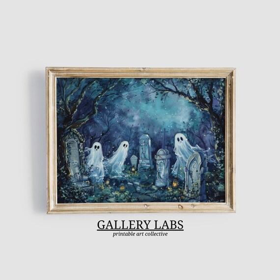 Spooky Ghosts in Haunted Graveyard Night Dark Forest Halloween Wall Art Print