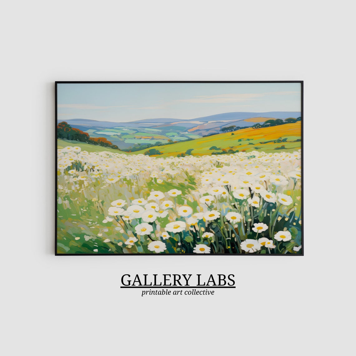 White Daisy Field Rolling Hills Sunny Spring Meadow Art Print - Image 2