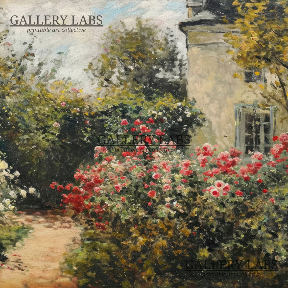 Cottage Rose Garden Painting Red Roses Stone House Path Art Print - Image 4