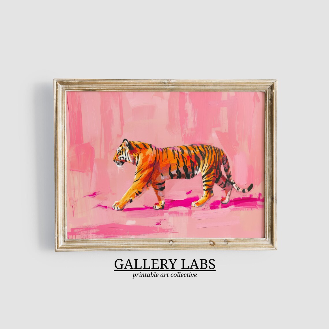 Orange Tiger Walking Pink Background Bold Wild Animal Painting Wall Art