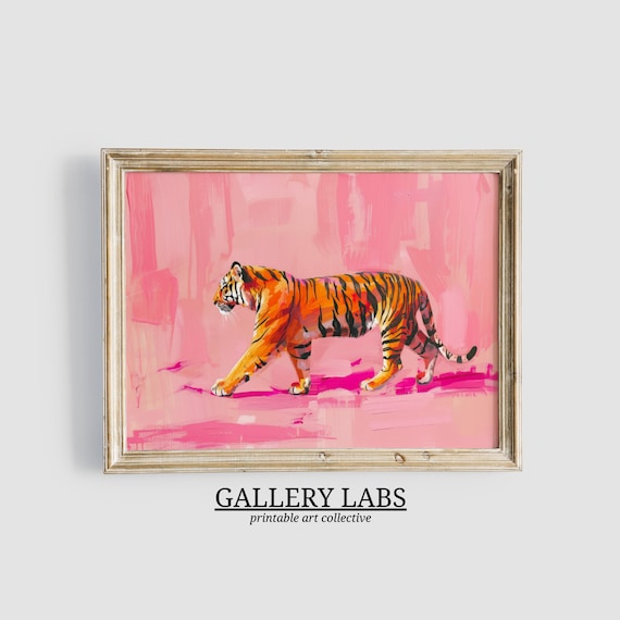 Orange Tiger Walking Pink Background Bold Wild Animal Painting Wall Art
