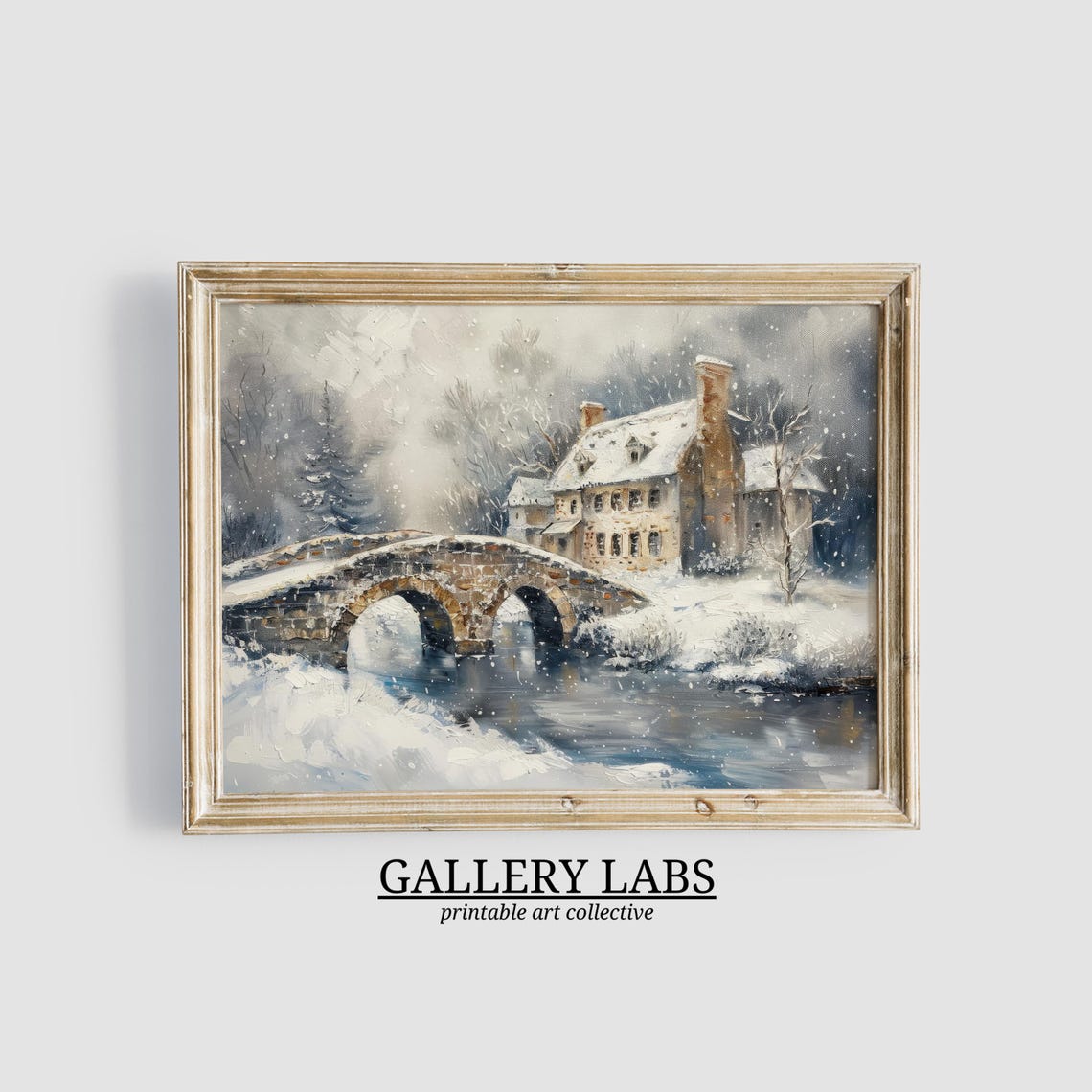 Snowy Stone Bridge River Winter Village Storm Rustic Travel Poster