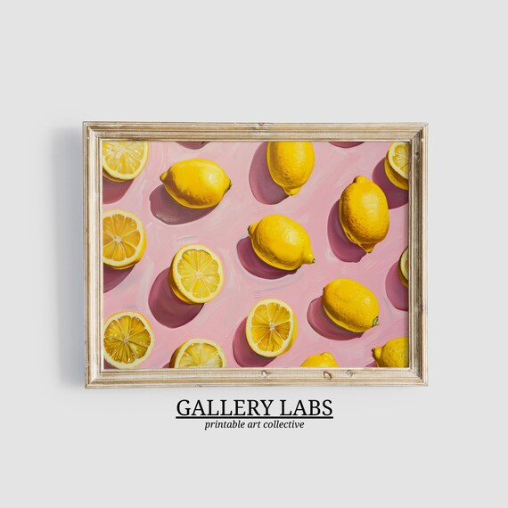 Yellow Lemons Pink Background Kitchen Fruit Pattern Painting Wall Poster