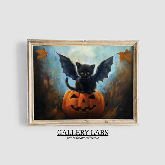 Black Cat with Bat Wings on Jack O Lantern Halloween Wall Art Print