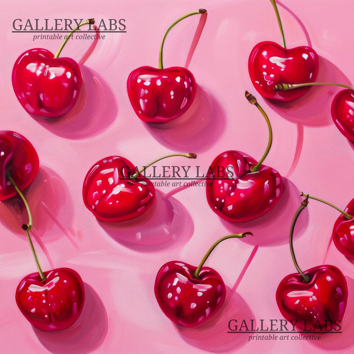 Glossy Red Cherries Scattered Pink Background Fruit Painting Wall Poster - Image 4