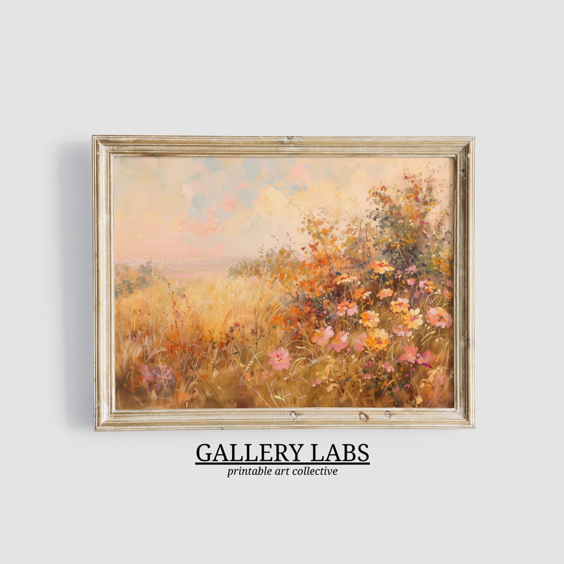 Pink Sky Wildflower Meadow Romantic Fall Meadow Scene Art Print
