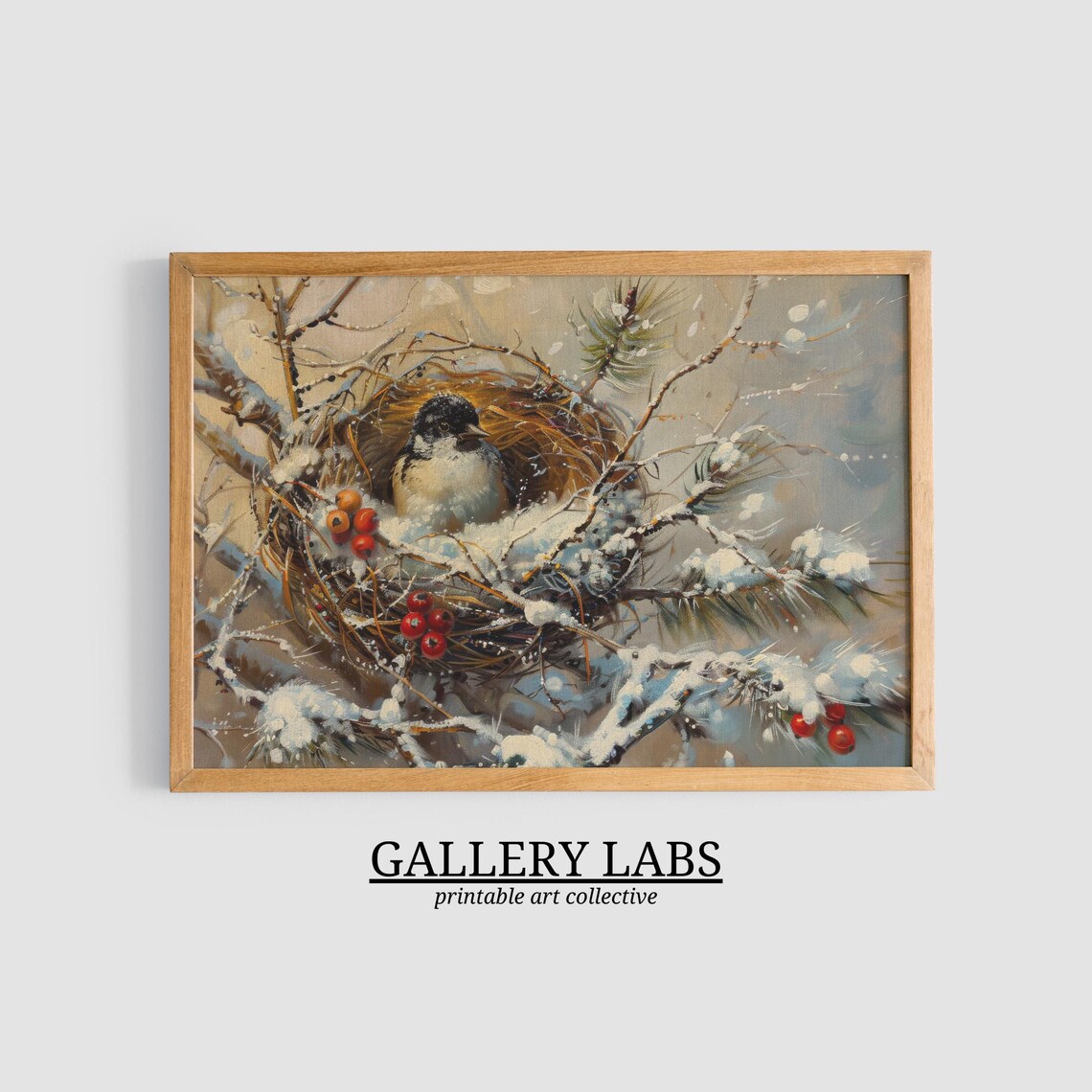 Winter Bird Snowy Nest Red Berries Oil Painting Nature Art Poster - Image 3