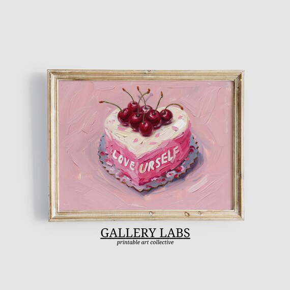 Pink Heart Cake Love Urself Cherries Retro Bakery Painting Wall Poster