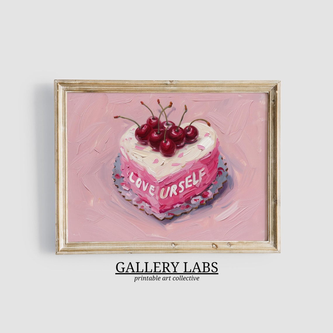Pink Heart Cake Love Urself Cherries Retro Bakery Painting Wall Poster