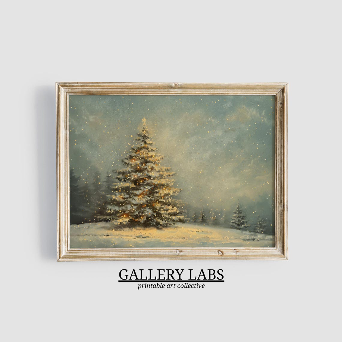 Lone Christmas Tree Snowy Forest Twilight Falling Snow Painting Poster