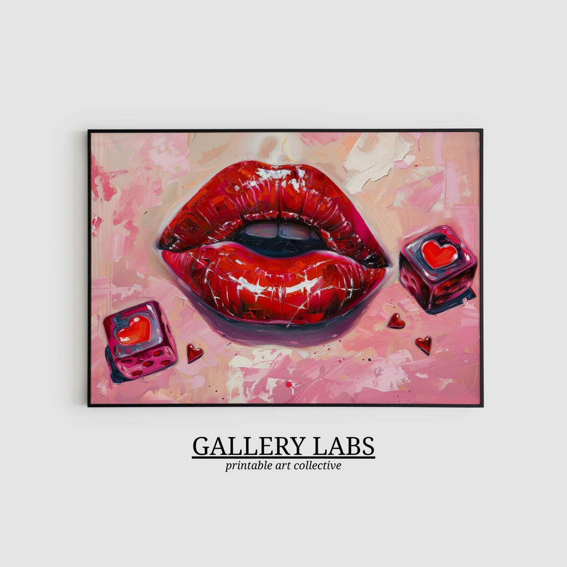 Glossy Red Lips Lucky Heart Dice Pink Maximalist Painting Wall Poster - Image 2