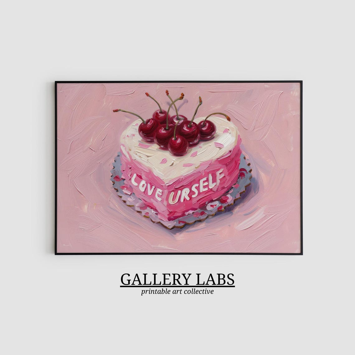 Pink Heart Cake Love Urself Cherries Retro Bakery Painting Wall Poster - Image 2