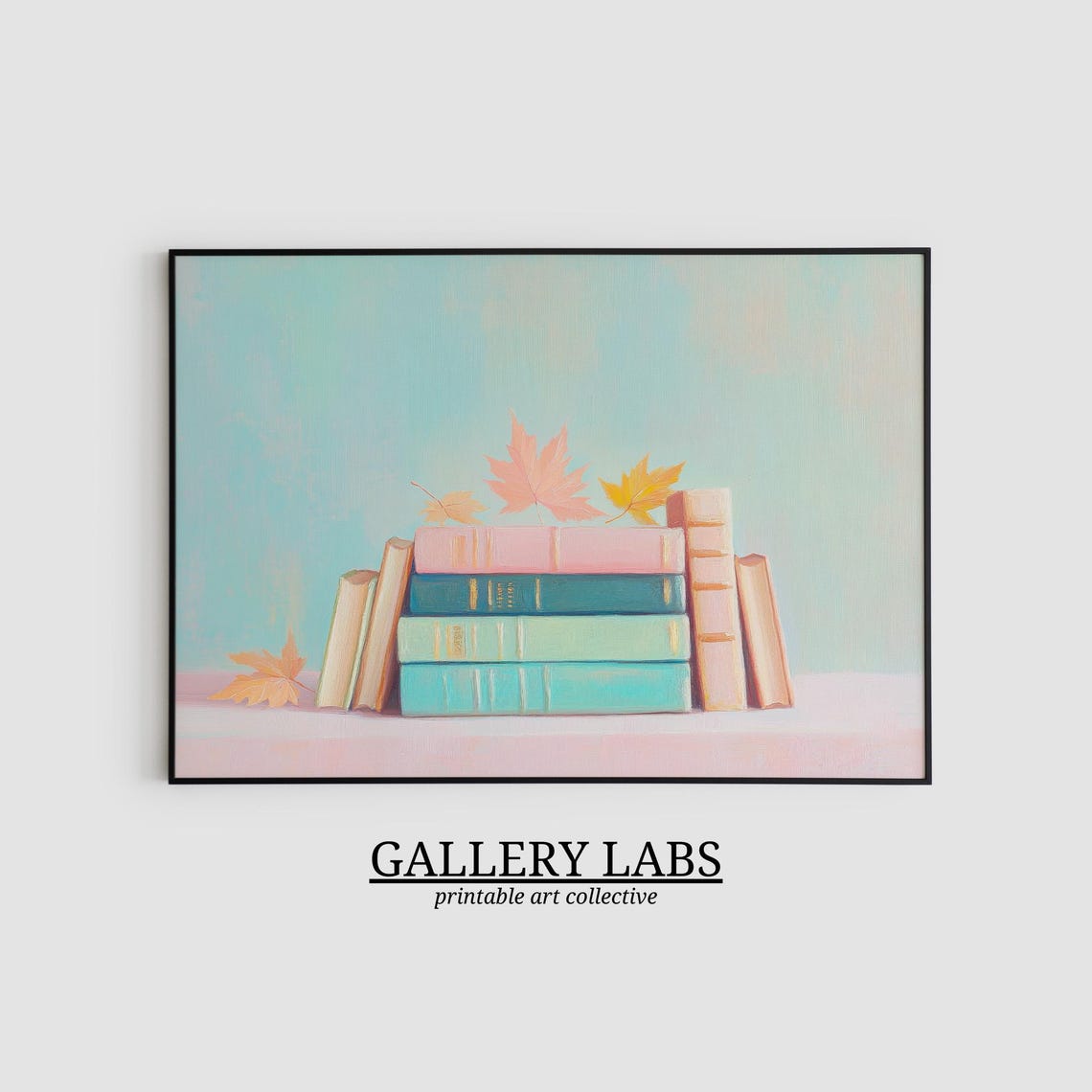 Pastel Books Stack Maple Leaves Cozy Fall Season Wall Art Print - Image 2