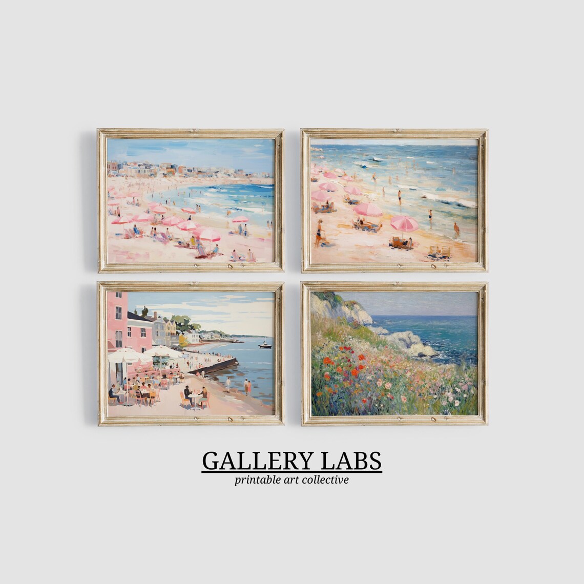 Pink Coastal Beach Scenes Set of 12 Vintage Seaside Gallery Wall Art - Image 4