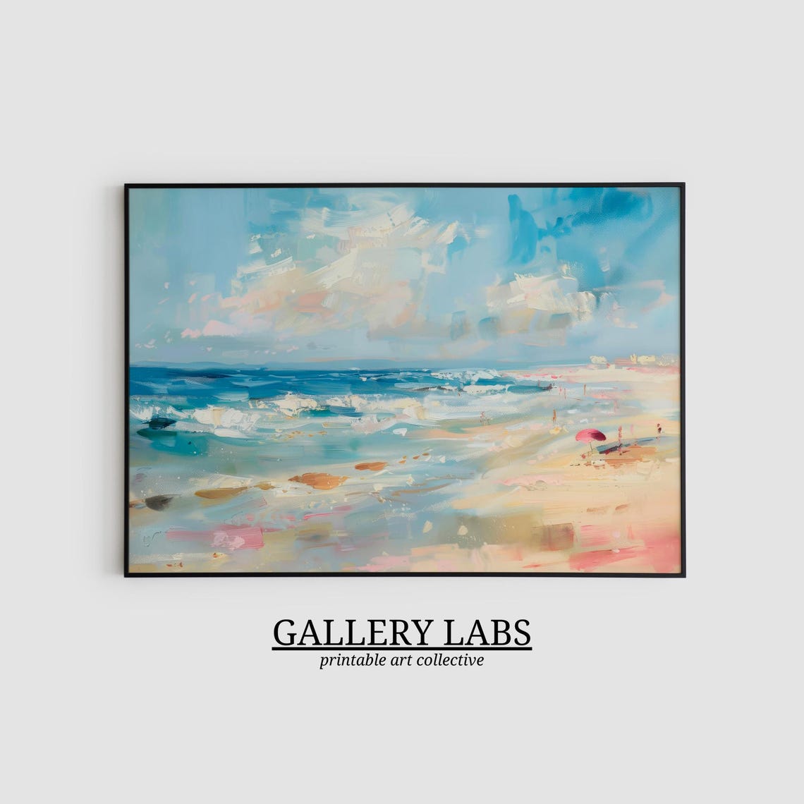 Pastel Beach Waves With Pink Umbrella Abstract Coastal Poster - Image 2