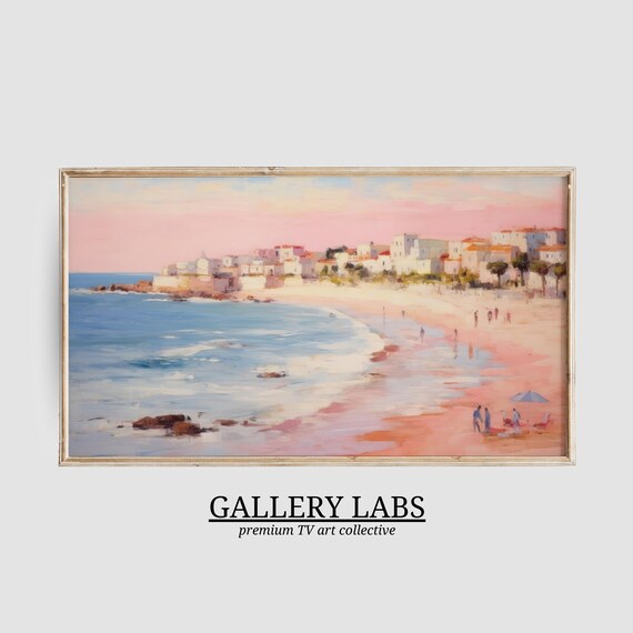 Pink Sunset Beach White Seaside Town Strolling Figures Painting Poster