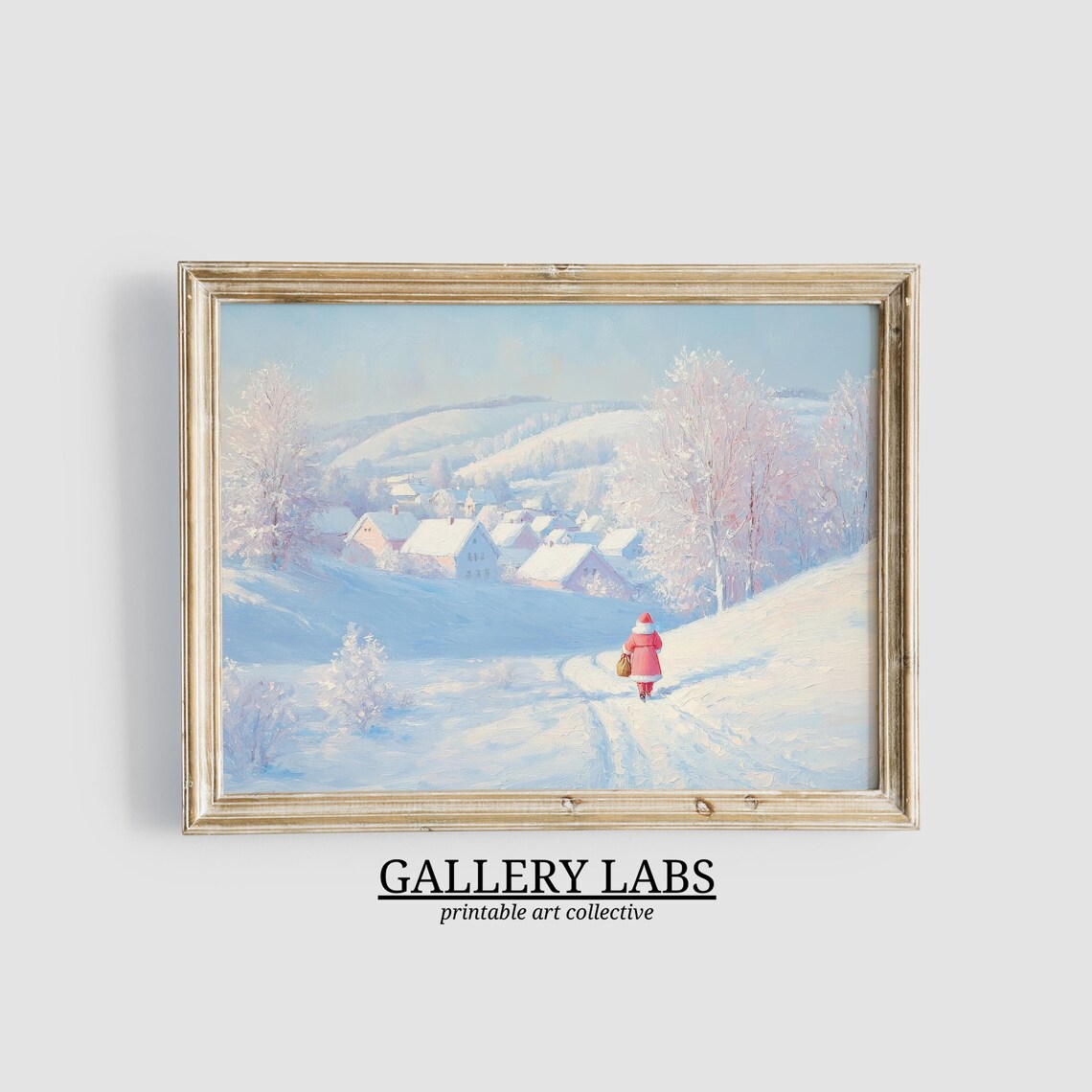 Santa Claus Snowy Village Walk Winter Christmas Scene Wall Art