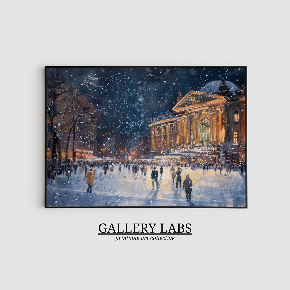 European City Square Grand Palace Snowy Night Crowd Painting Poster - Image 2