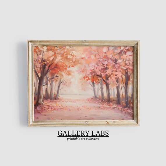 Pink Autumn Forest Path Soft Blush Fall Trees Painting Wall Poster