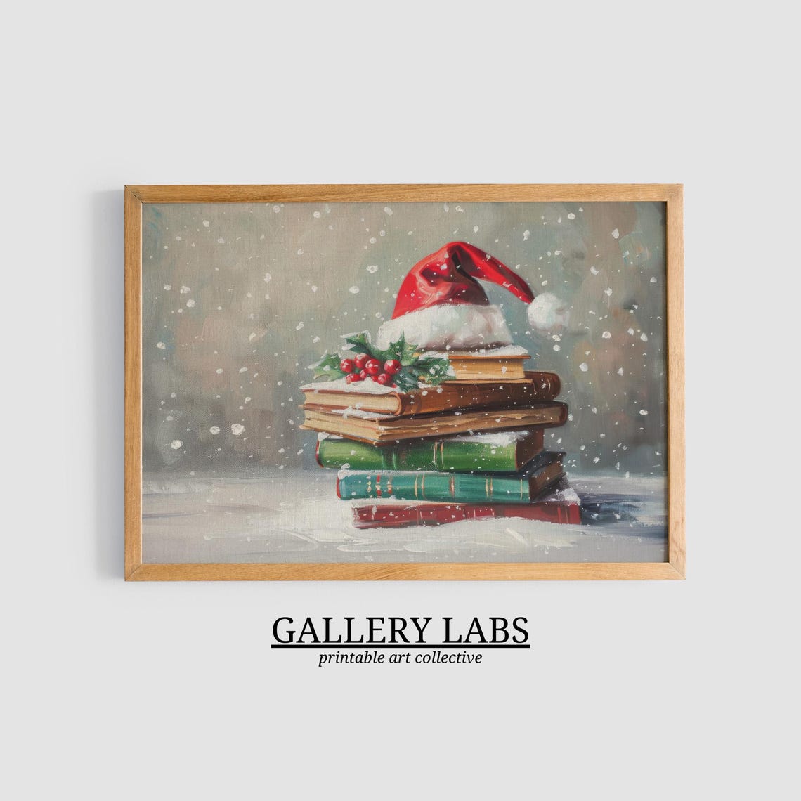 Stack Of Vintage Books Santa Hat Holly Berries Snowfall Art Poster - Image 3