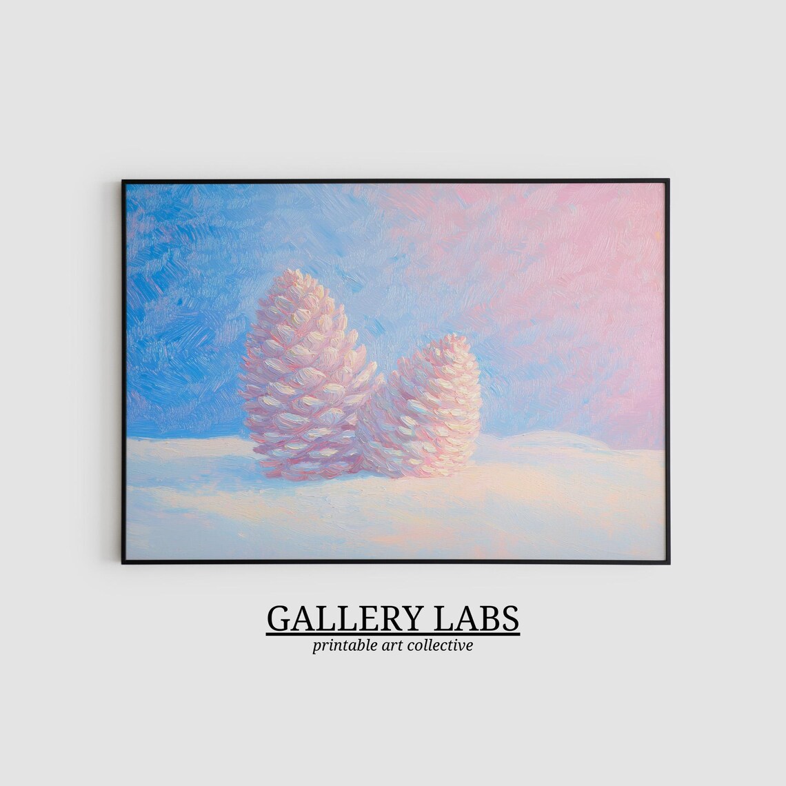 Pink Pinecones Snow Still Life Pastel Winter Painting Wall Art Poster - Image 2