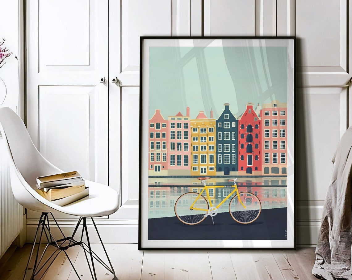 Amsterdam Canal House Row Yellow Bicycle Water Reflection Art Poster - Image 3