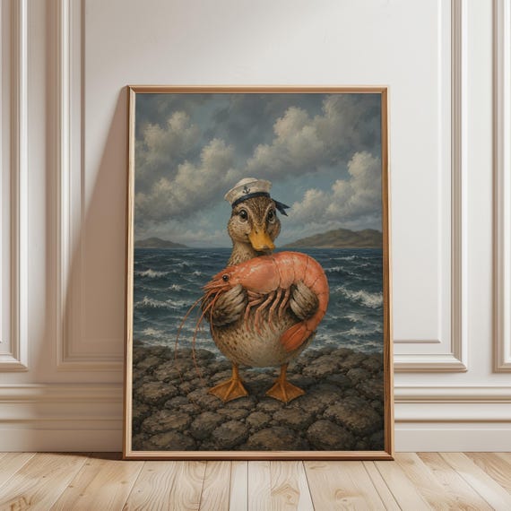 Duck With Shrimp Wall Art Print Coastal Funny Animal Decor Whimsical Sailor Poster Vintage Nautical Kitchen Digital Download