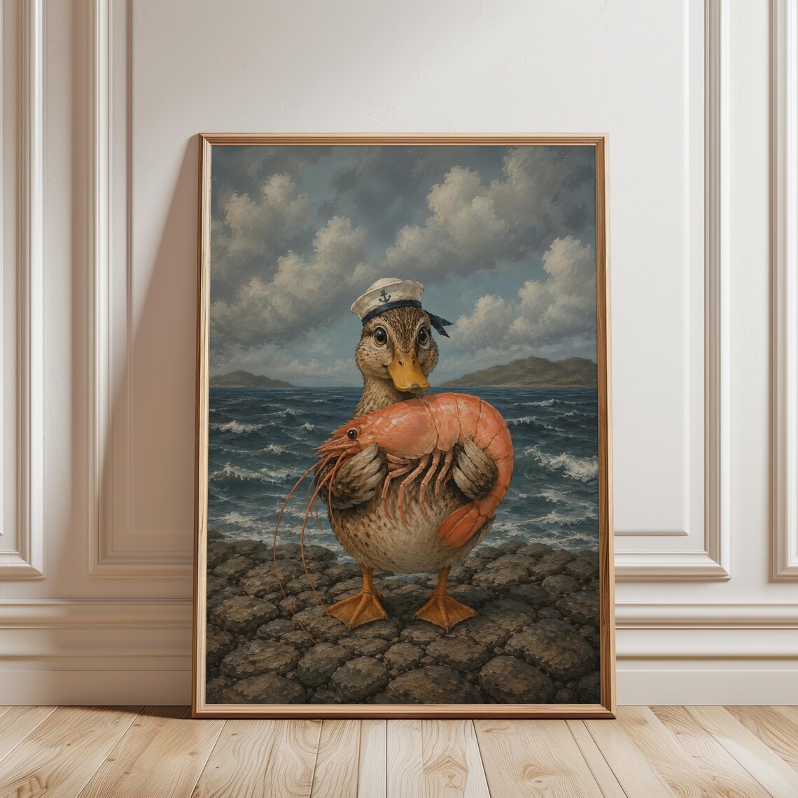 Duck Sailor Hat Holding Shrimp Rocky Shore Funny Coastal Animal Poster