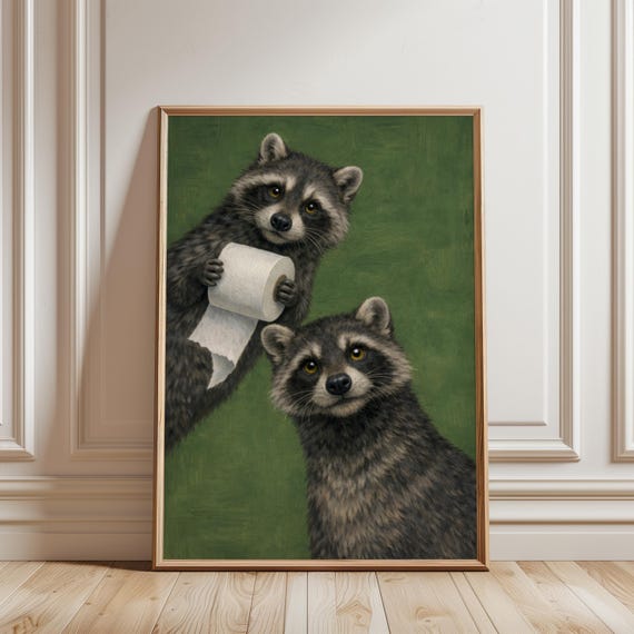 Funny Raccoon With Toilet Paper Poster Quirky Emerald Green Art Print For Bathroom Or Guest Bath Printable Decor Digital Download