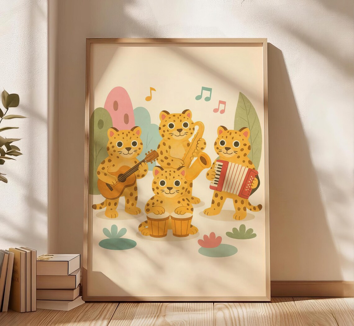 Leopard Cubs Band Playing Instruments Cute Kids Music Room Art Poster