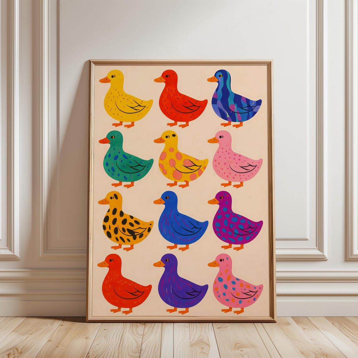 Colorful Patterned Ducks Grid Kitsch Retro Pop Art Animal Poster