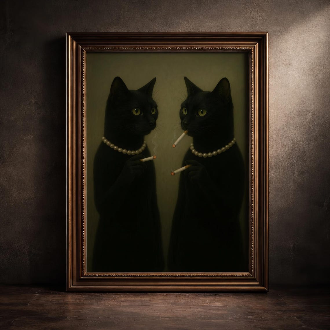 Black Cat Couple Smoking Cigarettes Pearls Vintage Dark Animal Poster