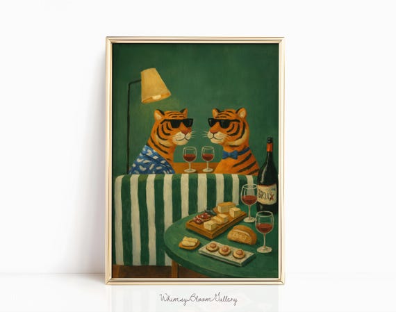 Emerald Green Silly Tigers Printable Wine Cheese Dining Paint Abstract Wild Party Art Quirky Bar Cart Decor Digital Download