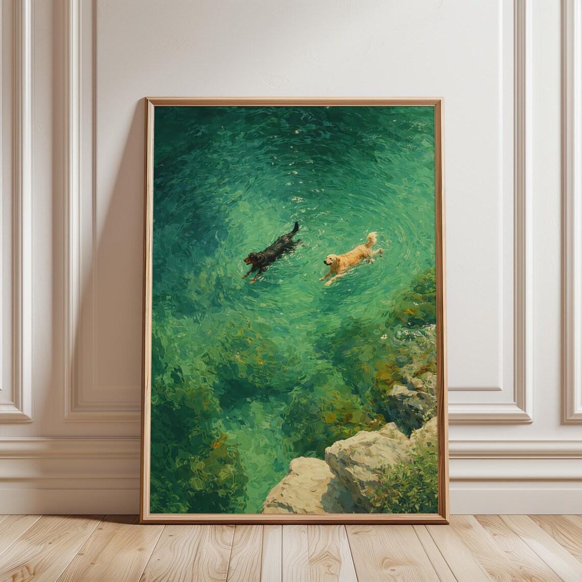 Dogs Swimming In Green Abstract Poster, Vintage Retro