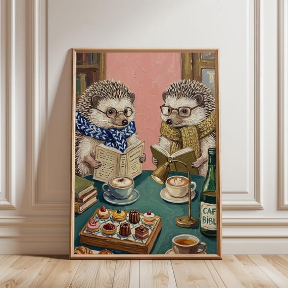 Whimsical Hedgehog Reading In Cozy Caf Art Print Cottagecore Bookish Coffee Shop Illustration Bookworm Poster Digital Download