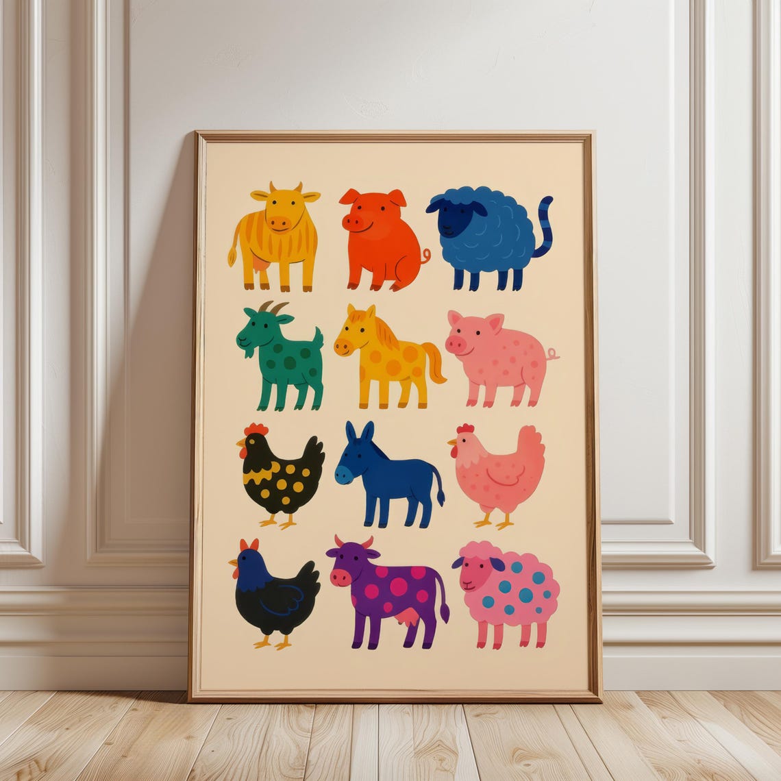 Rainbow Farm Animals Kids Nursery Playroom Colorful Art Poster